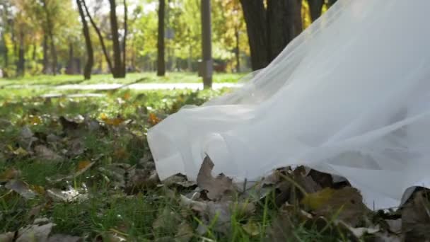 White bridal dress train passing over autumn leaves in park on a sunny day in slow motion — Stock Video