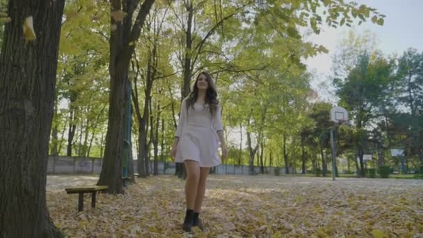 Beautiful teenager girl smiling and stepping through falling autumn yellow leaves in park in slow motion — Stock Video