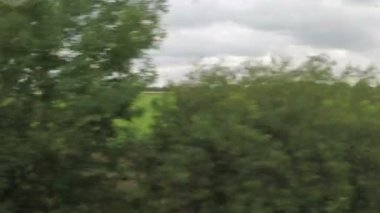 Ağaçlar ve hareket eden bir trenin görülen yeşil alanları ile kırsal