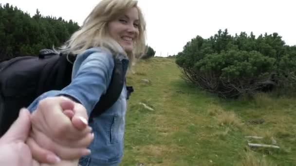 Sonriente joven enamorada de la mano y guiando a su novio a lo largo de los árboles alpinos POV del concepto de viaje a las tierras altas — Vídeos de Stock