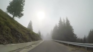 POV Dağı'nın siste araba araba Marnixkade yol orman ve kasvetli bir günde sis