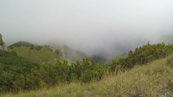 Zwevende mist time-lapse over bergen bovenste mooie landschap met groene bossen en valleien — Stockvideo