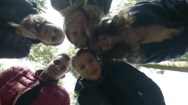 Vista para cima do grupo de adolescentes entusiasmados explorando a floresta sendo surpreendidos por sua descoberta — Vídeo de Stock