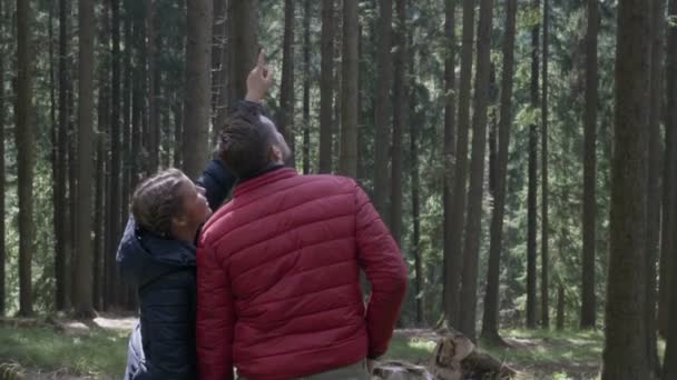 Romantica coppia di adolescenti che si rilassa in un viaggio di vacanza indicando e guardando la natura in un bellissimo paesaggio bosco di montagna foresta — Video Stock