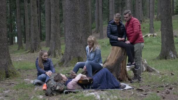 Happy group of friends camping in the woods enjoying nature playing guitar and singing together lying down the grass — Stock Video