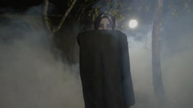 Yüzünü açığa çıkarmak ve kurban ısırmaya hazırlanıyor Şeytan kadın halloween vampire