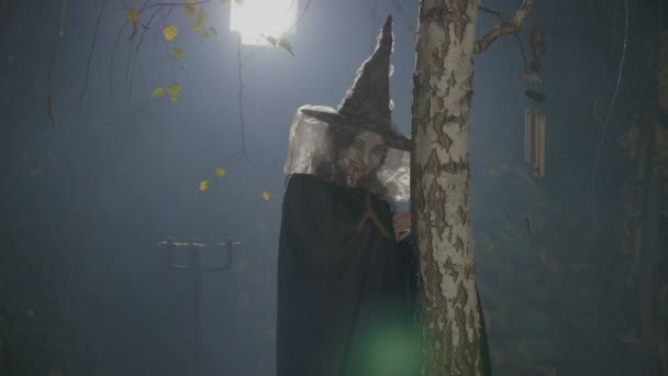Bruxa do Dia das Bruxas encostada a uma árvore na floresta e a rir para a câmara — Vídeo de Stock