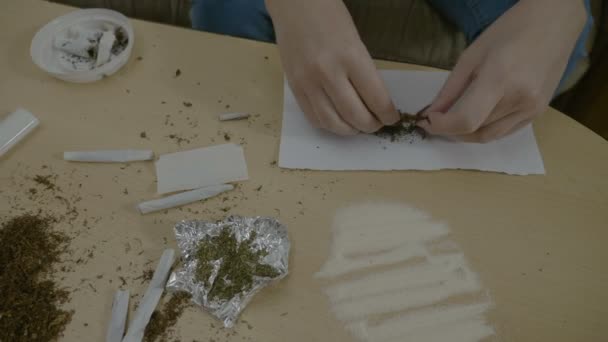 Acercamiento de una mujer manos mezclando diferentes malas hierbas de la mesa en un pedazo de papel y haciéndose un porro de marihuana en la casa de la droga — Vídeo de stock
