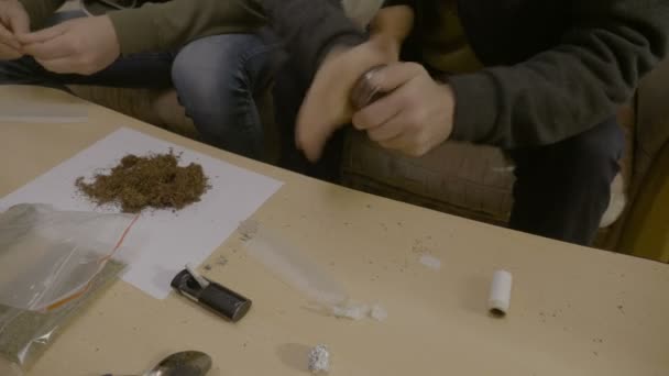 Deux amis masculins assis sur le canapé préparant la dose parfaite d'herbe pour qu'un joint fume à l'intérieur de la maison de drogue en utilisant un broyeur de marijuana — Video