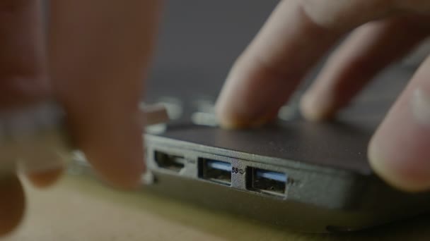 Close-up de um homem de negócios de TI mãos instalar drivers usando stick de dados USB depois de conectá-lo ao laptop do cliente — Vídeo de Stock