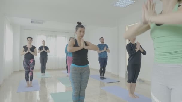 Grupp av medelålders kvinnor toning sina kroppar under en yoga klass session i en fitness-studio — Stockvideo