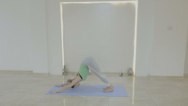 Genç güzel bir hasır üzerinde çeşitli yoga pozlar egzersiz ve kasları germe kadın modeli — Stok video