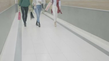 Moda kız arkadaşlar ellerinde alışveriş torbaları ile alışveriş merkezinde yürüyen tarz