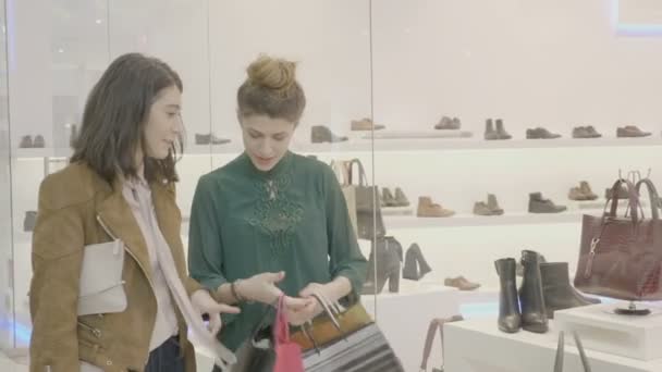 Primos femeninos caminando en el centro comercial llevando bolsas de compras y buscando un par de zapatos de aguja para que coincida con el vestido — Vídeo de stock