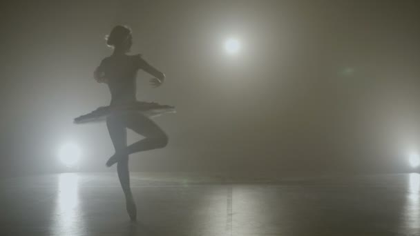 Giovane adolescente ballerina indossa scarpe da punta rendendo piroette mentre si prepara per lo spettacolo su un palcoscenico nebbioso — Video Stock