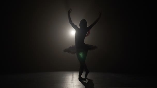 スローモーションで優雅な畏敬の念をしているバレリーナのスキニー シルエット — ストック動画