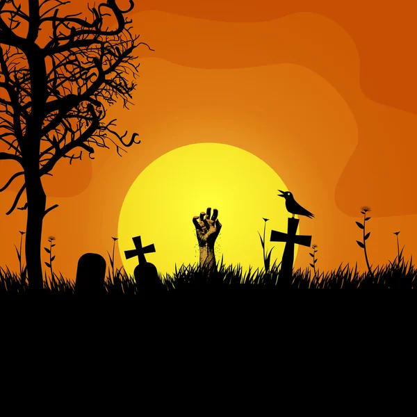 Creepy rising zombie on calm cemetery scene — Stock Vector