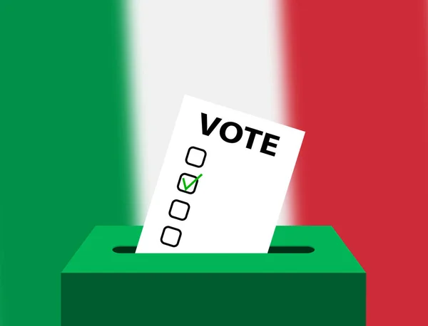 Голосование урнами для голосования с национальным флагом Италии на заднем плане. Ящик с голосами и пустым чеком. Италия накрыла урну для голосования и флаг. Выборы в Италии . — стоковый вектор