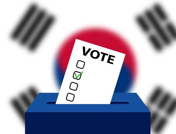 Concepto de votación Urnas para votar con la bandera nacional de Corea del Sur en el fondo. Casilla de votos y verificación en blanco. Corea del Sur Caja de votación y bandera editables. Elecciones en Corea del Sur urnas . — Archivo Imágenes Vectoriales