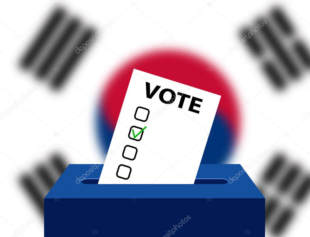 Voting Concept Urns for voting with the national flag of South Korea in the background. Box for votes and checking blank. South Korea Editable voting box and flag. Elections in South Korea ballot box.