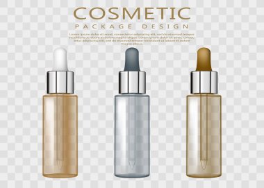 Gerçekçi cam şişeler damlalık ile kümesi. Boş şablon boş şeffaf cam şişe damlalık ile /. Gerçekçi 3d mock-up konteyner sıvı tıbbi ilaç için.