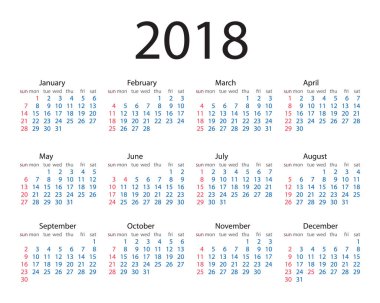 Takvim 2018 yıl basit tarzı. Hafta Pazar başlar. Vektör daire takvim 2018. Pazar hafta başlıyor