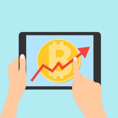 bitcoin tablet ile kırma yükseliş çizgi ok Lat simgesini tasarımı. Yükseliş çizgi ok ile bitcoin işaret düz simgesi tasarım içinde