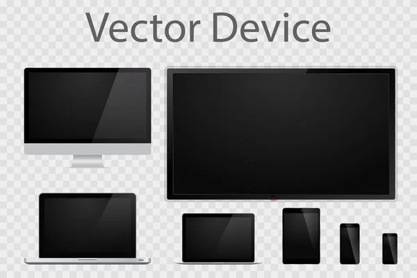 Gerçekçi bilgisayar monitörleri, dizüstü bilgisayarlar, tablet, Tv ve cep telefonları kümesi. Saydam arka plan üzerinde izole elektronik becerikli alet