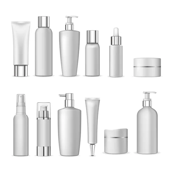3d blanc réaliste icône de paquet cosmétique mis tubes vides sur fond blanc illustration vectorielle — Image vectorielle