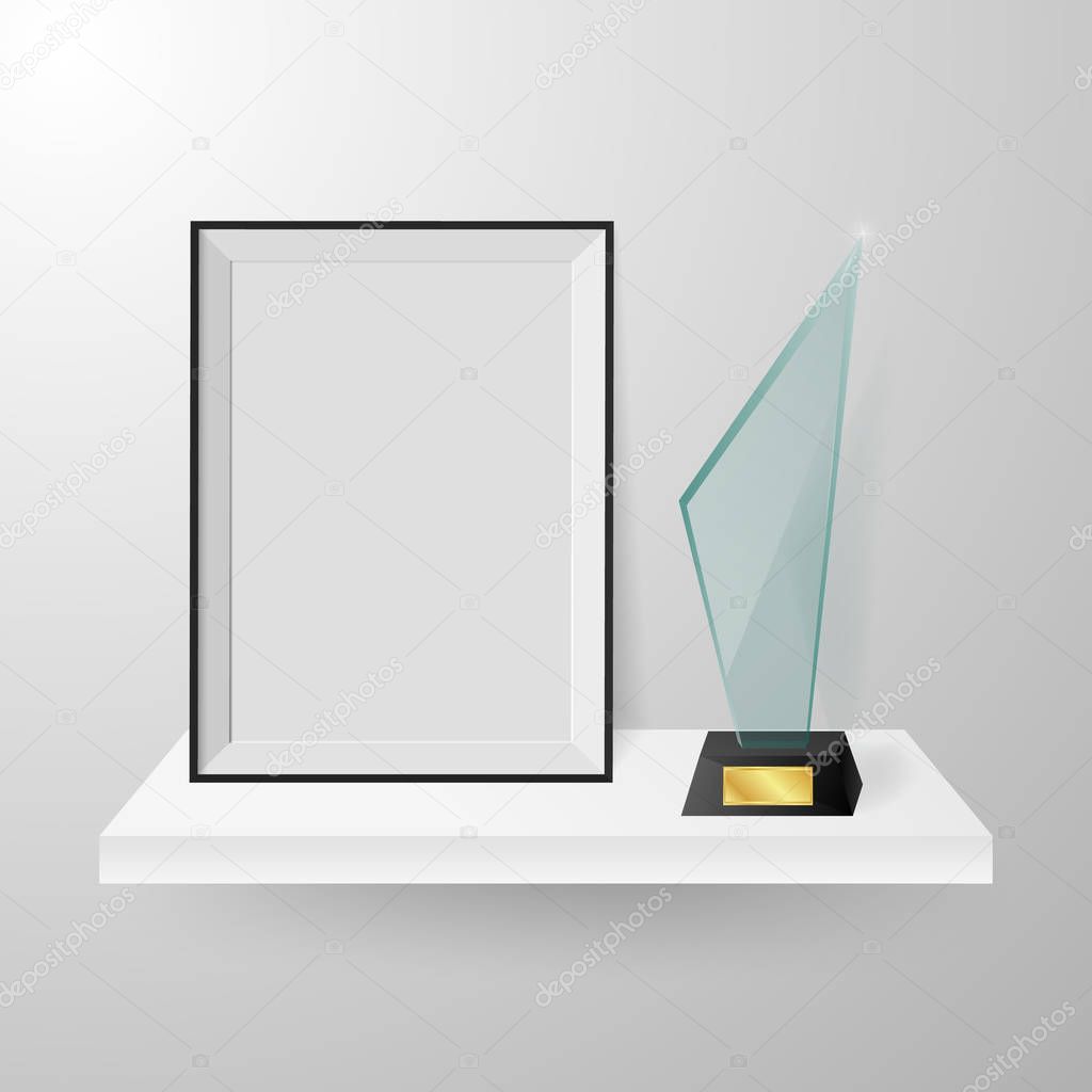Faceted crystal glass winner trophy and photo frame on shelf realistic side view composition vector. 