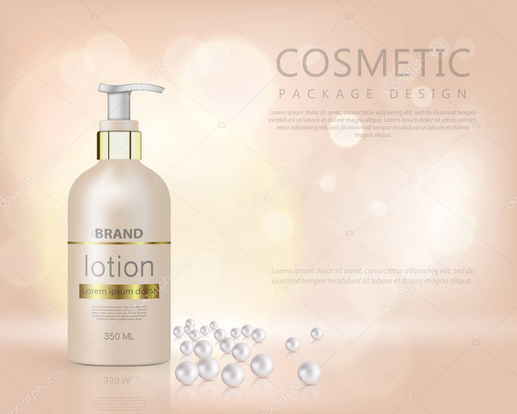 Pump top bottle with organic cosmetic lotion and gold cap decorated with scattering of pearls and glare background realistic vector illustration