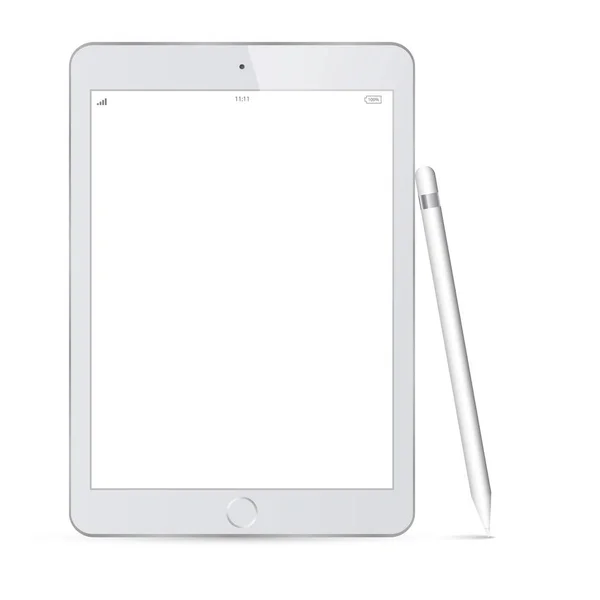 Tablett grå färg och penna eller penna isolerad på vit bakgrund vektorillustration. Vita Tablet Pc vektor illustration med blank skärm. — Stock vektor