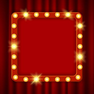 Parlayan sinema billboard askıya. Vektör çizim. Piyango, casino, poker, rulet için sınır boyunca lambalar ile tabela-arka plan