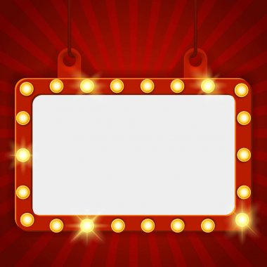 Parlayan sinema billboard askıya. Vektör çizim. Piyango, casino, poker, rulet için sınır boyunca lambalar ile tabela-arka plan