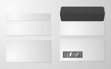 DL zarf mockup ön ve arkadan görünüm, vektör çizim. Boş gerçekçi zarflar mockup kümesi. Boş kağıt zarflar tasarımınız için. 