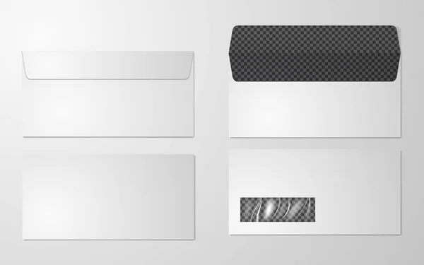 DL Envelopes mockup vista frontal e traseira, ilustração vetorial. Conjunto de envelopes realistas em branco mockup. Envelopes de papel em branco para o seu design . —  Vetores de Stock