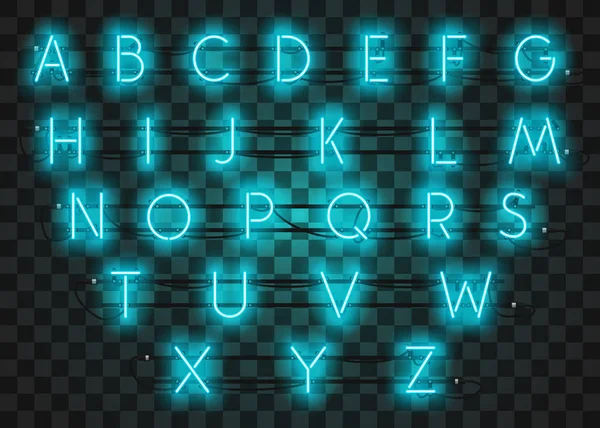 Turquoise neon teken lettertype instellen op een paarse achtergrond, vectorillustratie. — Stockvector
