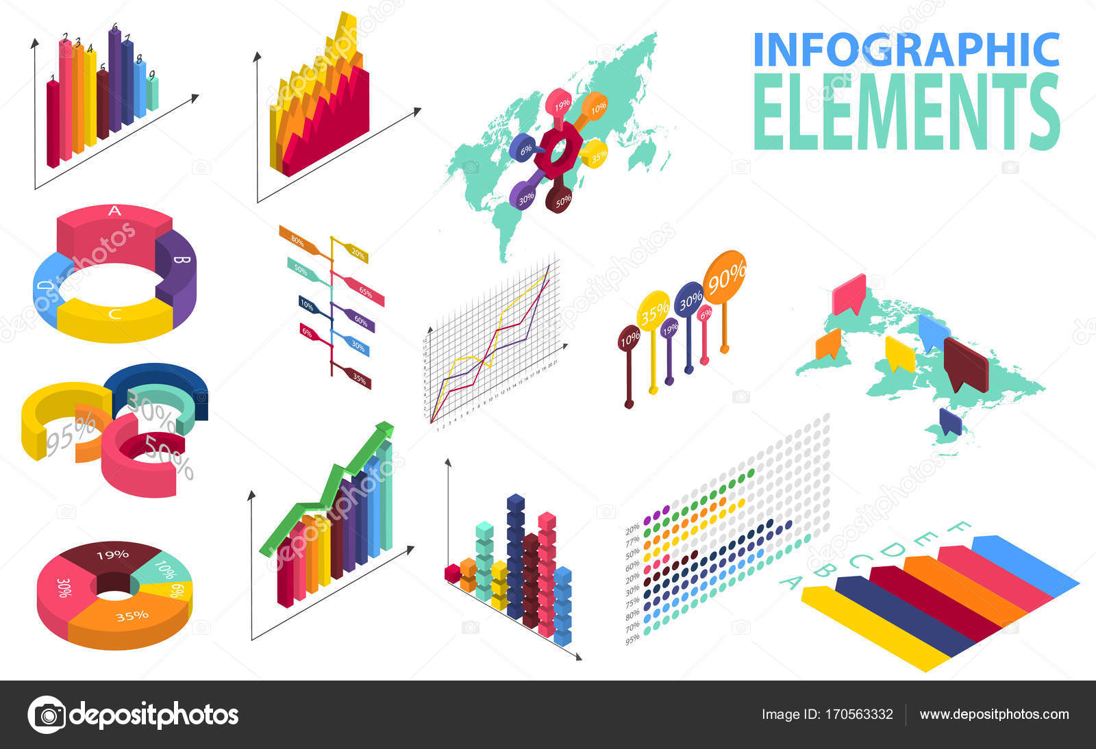 Isometric style infographics with data icons, world map charts and