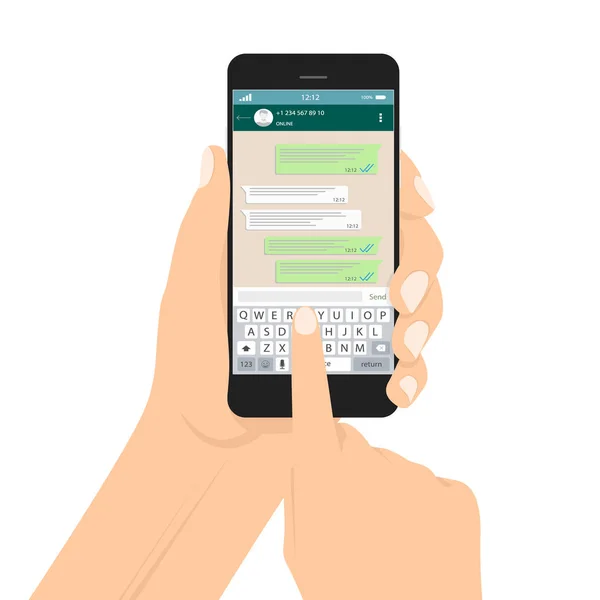 Рука держит смартфон, трогает экран и пишет сообщение в социальной сети . — стоковый вектор