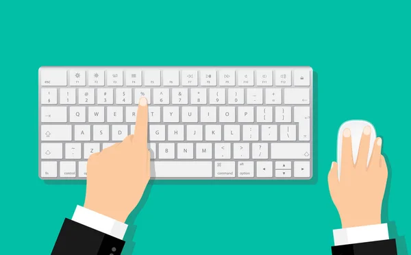 Mãos planas digitando no teclado branco com o mouse — Vetor de Stock