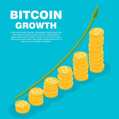 Bitcoin büyüme kavramı. Vektör izometrik çizimde dijital cryptocurrency.
