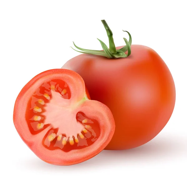 Tomat realistik 3d dan irisan terisolasi pada latar belakang putih - Stok Vektor
