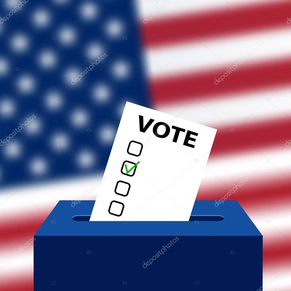 Elections to US Senate in 2018, preparation of vote against the background of a blurred American flag. 