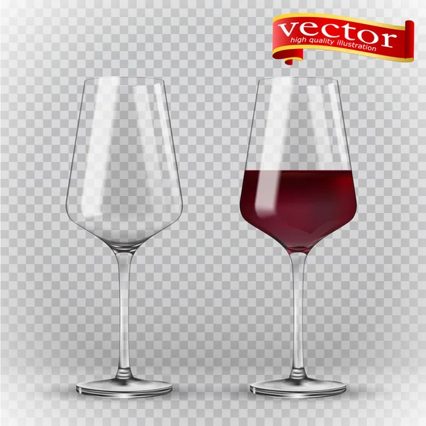 Copo de vinho transparente. Vazio e cheio. realismo 3d, ícone vetorial — Vetor de Stock