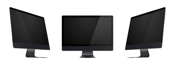 Computer monitor mockup with perspective view. Black monitors with blank screens isolated on white background. — Stock Vector