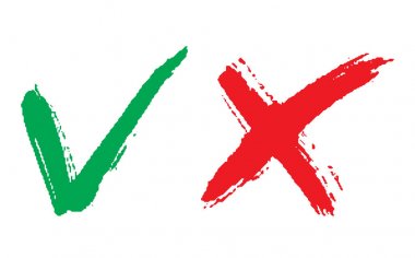 Yeşil ve kırmızı el ile vektör çizim grungy onay işareti çizilmiş. Yeşil onay işareti simgesini. 