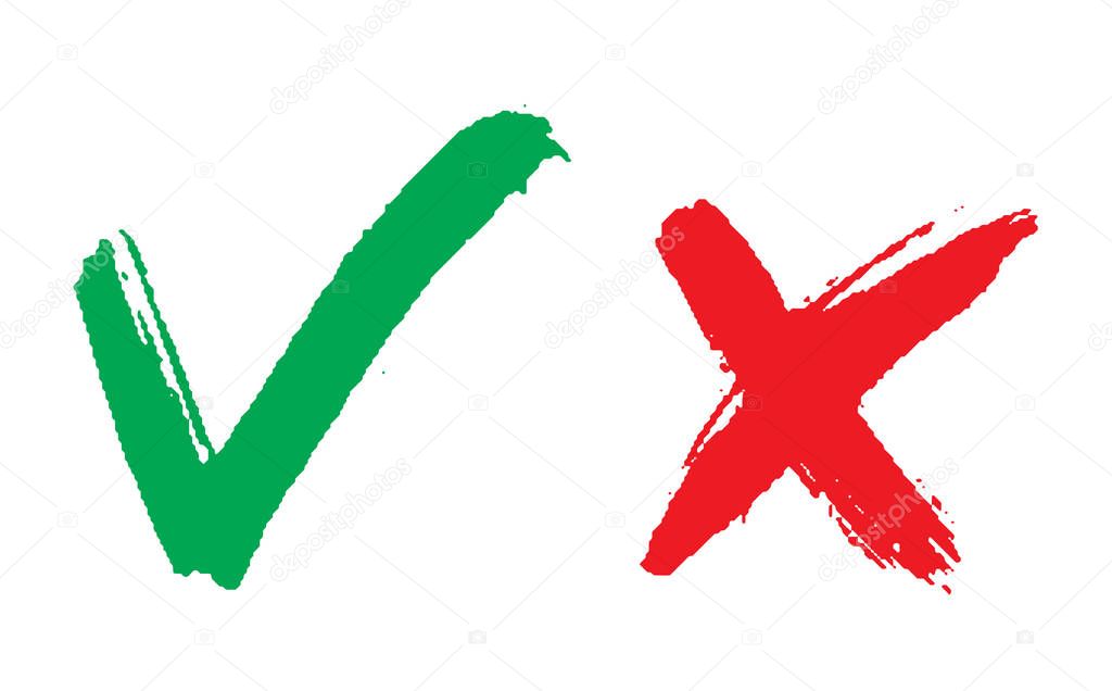 Vector illustration with green and red hand drawn  grungy check mark. Green check mark icon. 