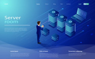 Veri merkezinde erkek karakter mühendisi. Veritabanı izometrik vektör çizimi.