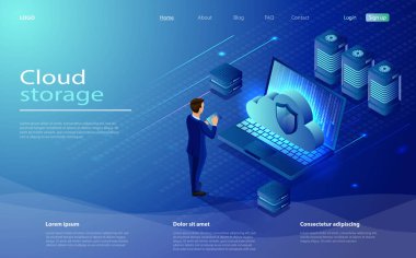 Isometric Cloud sunucu ağ vektör çizimi. 3d sunucular ve veri tabanı.