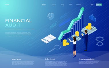 Finansal beyan, analiz ve istatistik çevrimiçi servisler, para nakit muhasebe izometrik vektörü. Finansal yönetim kavramı. Karakterlerle denetleme, iş analizi kavramı.